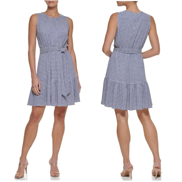 NWT DKNY Navy and White Checked Gingham Sleeveless Fit and Flare Trapeze Dress - Picture 2 of 8